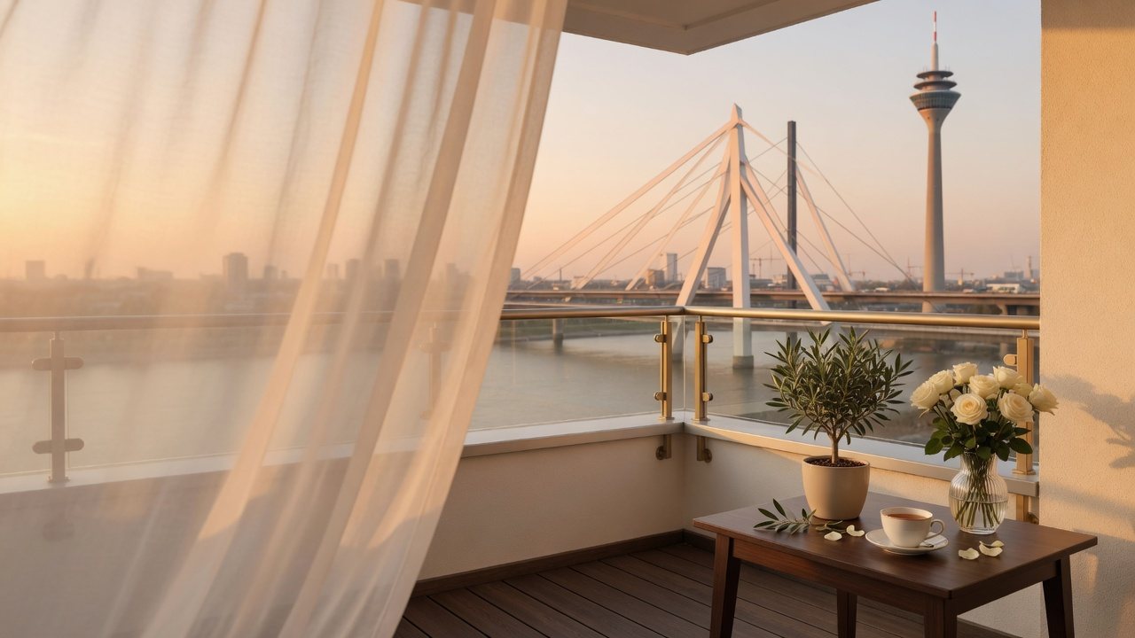 Balkon im Abendlicht mit Blick auf Rheinkniebrücke und Rheinturm