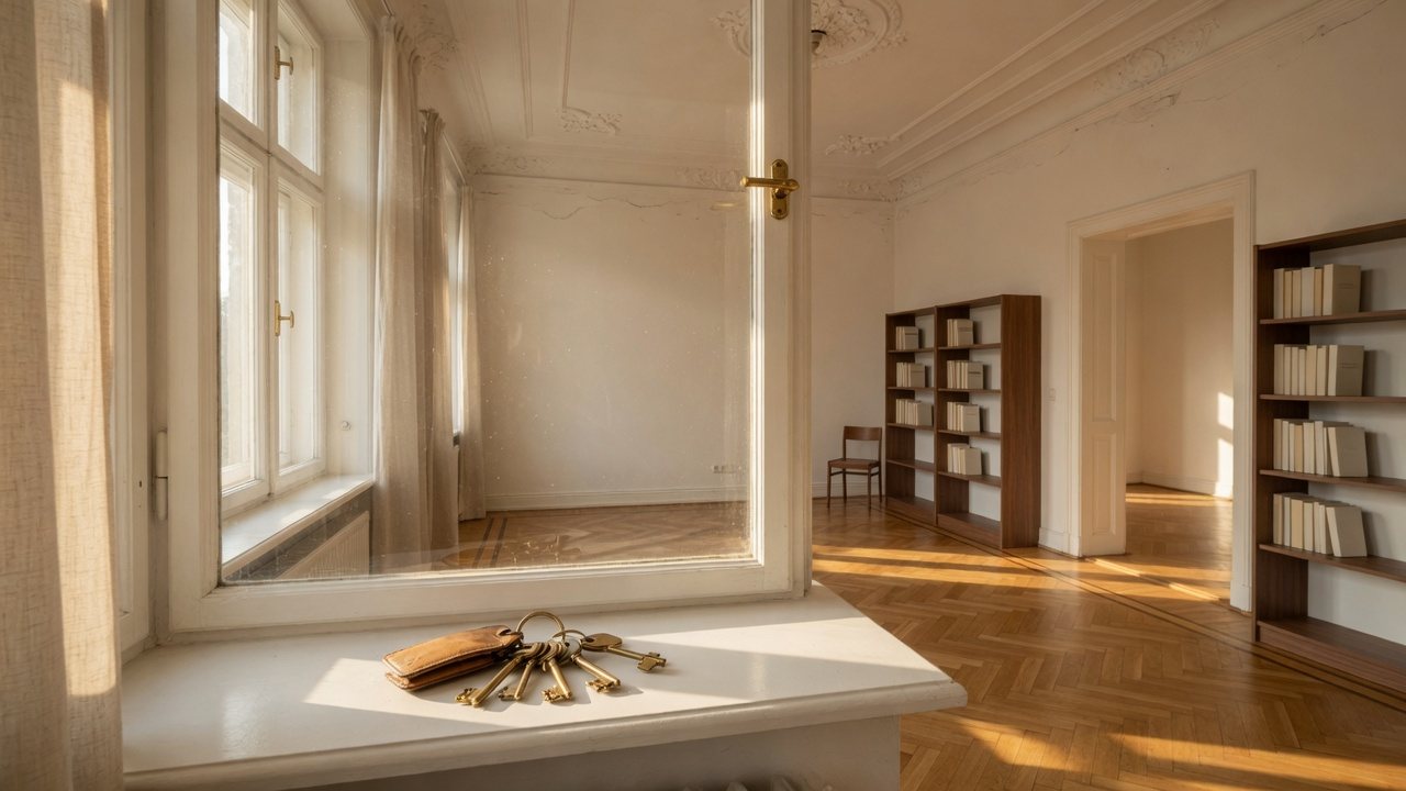 Leere, helle Altbauwohnung mit Stuck und Fischgrätparkett, Schlüssel auf der Fensterbank