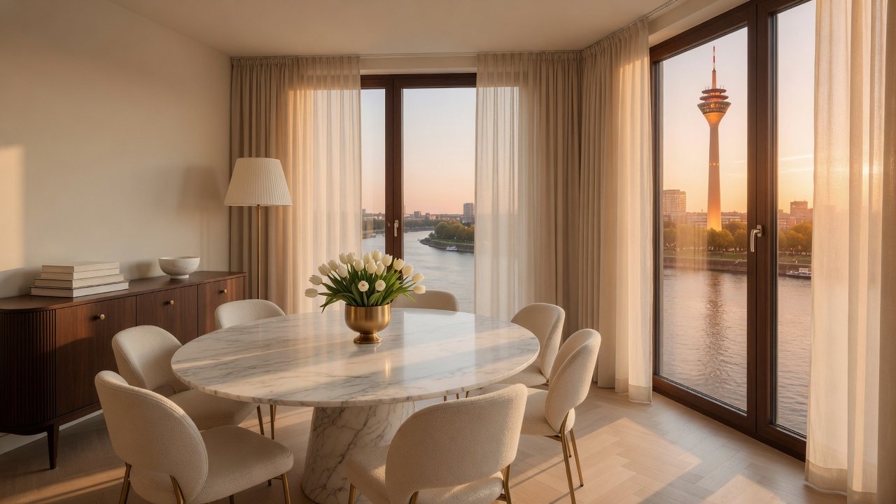 Lichtdurchfluteter Essbereich mit Blick auf Rhein und Rheinturm