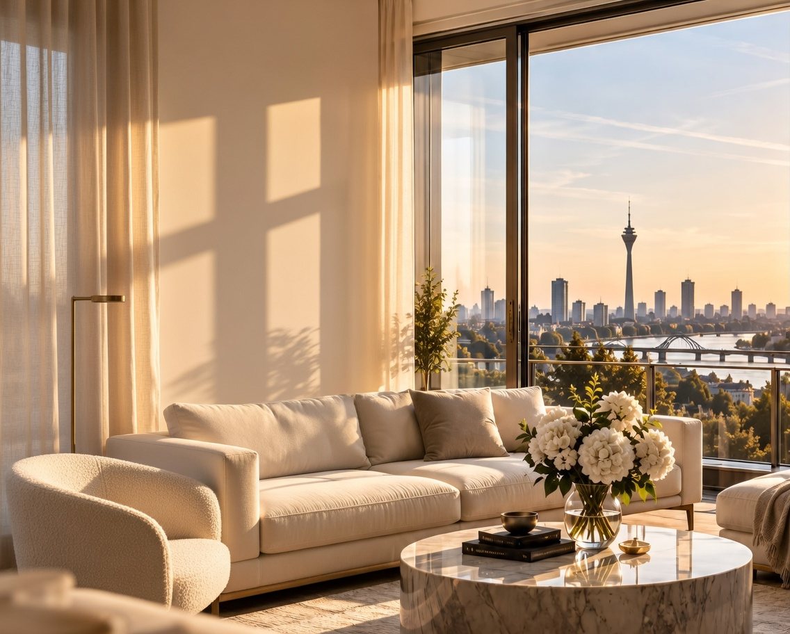 Helles Wohnzimmer mit Blick über den Rhein auf den Düsseldorfer Rheinturm im Abendlicht