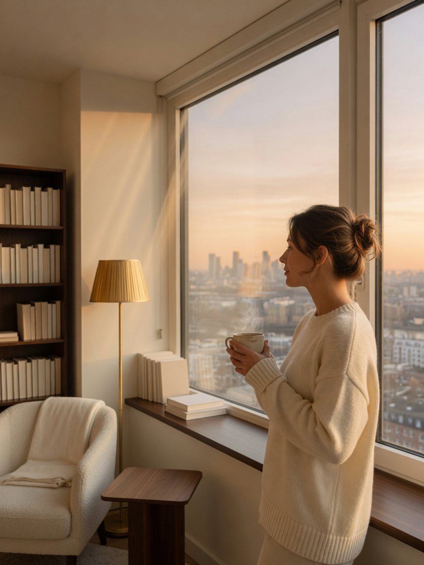 Eine Frau mit Kaffeetasse blickt am Morgen aus dem Fenster über die Stadt