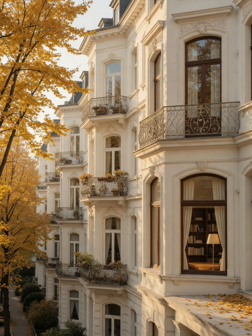Elegante Altbaufassaden mit Balkonen in einer herbstlichen Düsseldorfer Straße